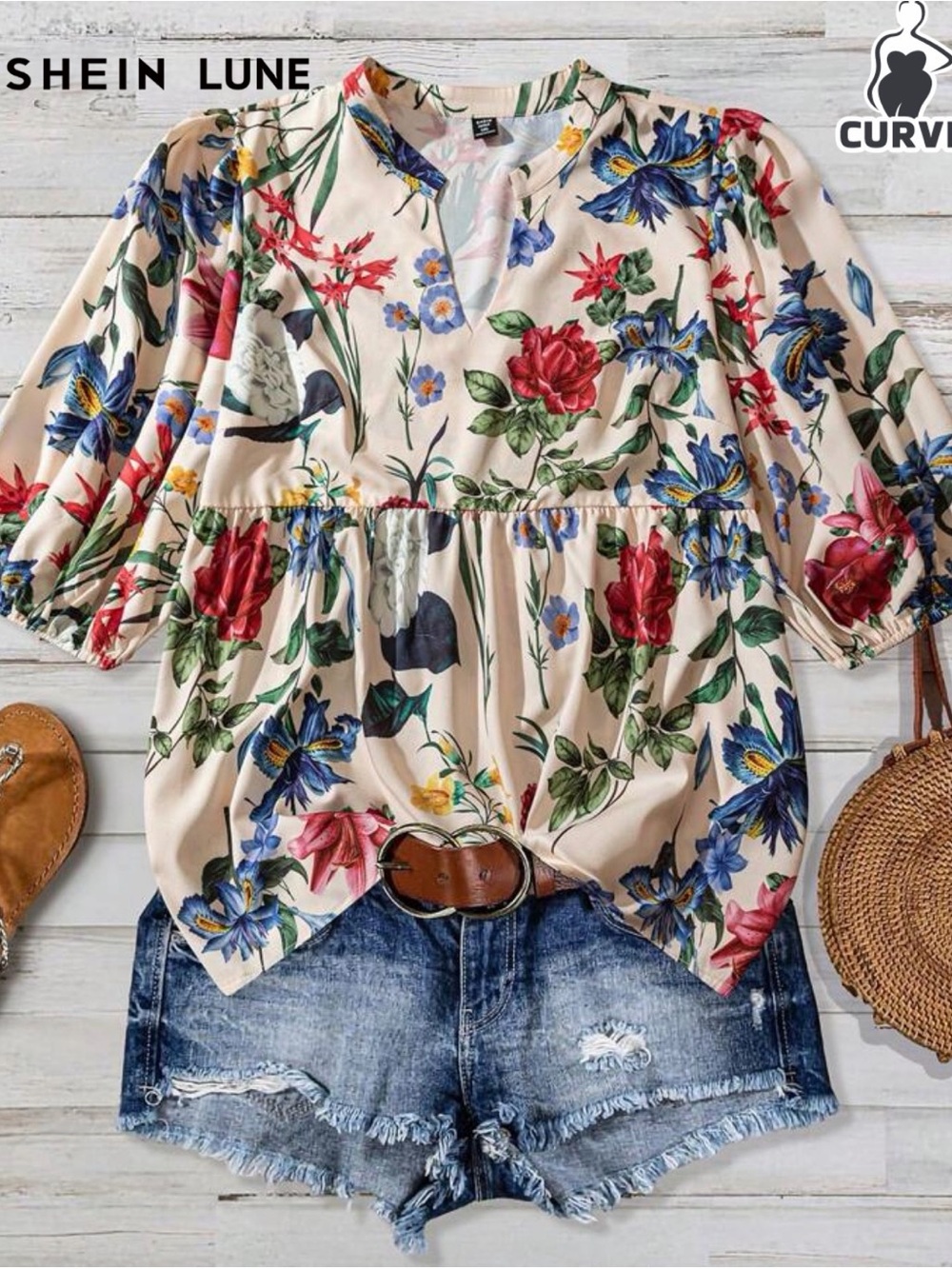SHEIN Floral Cream V-Neck Tunic with Multicolor Blooms